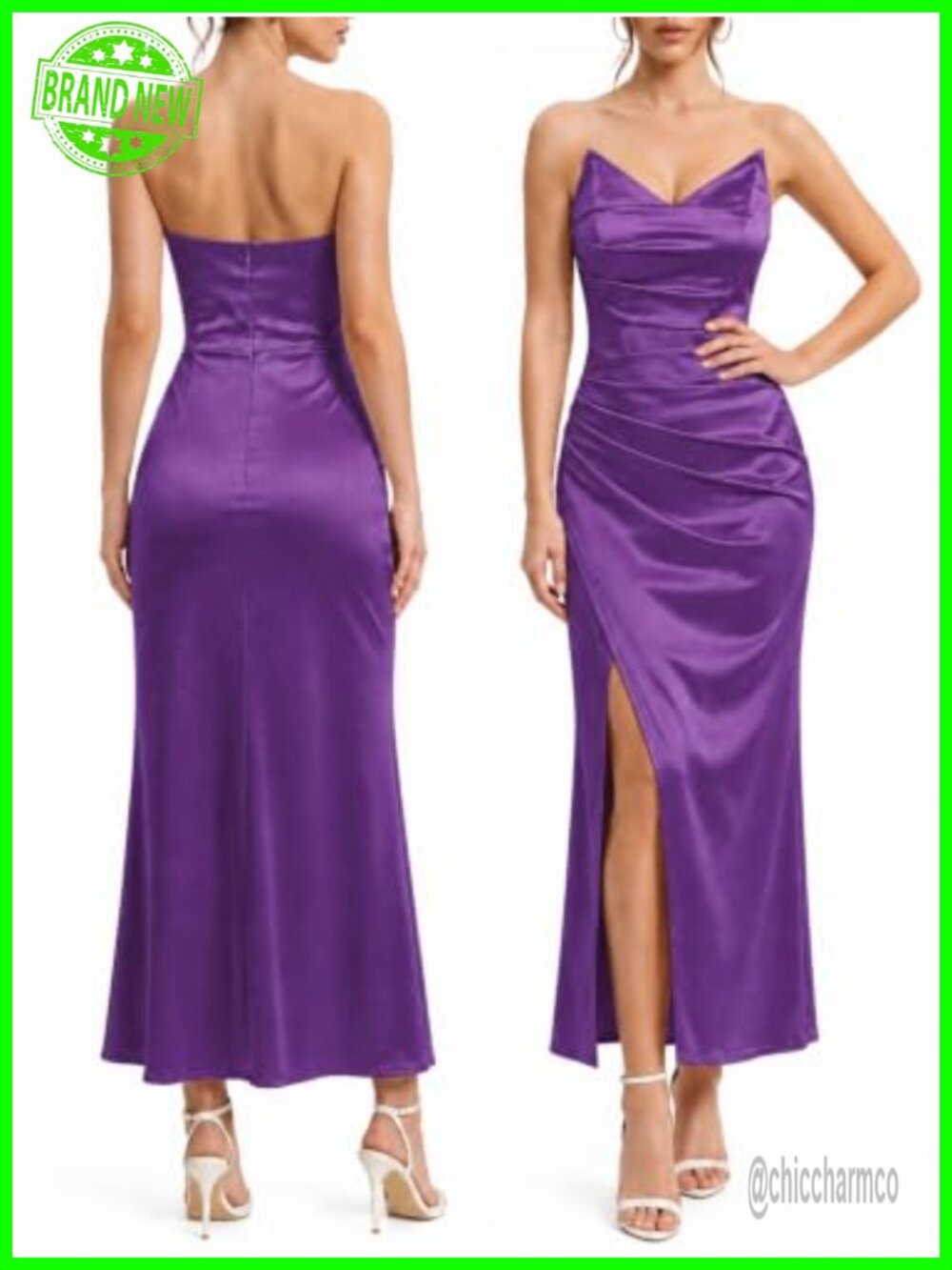 Satin Strapless Cowl V Neck Slit Maxi Evening Gown Bodycon